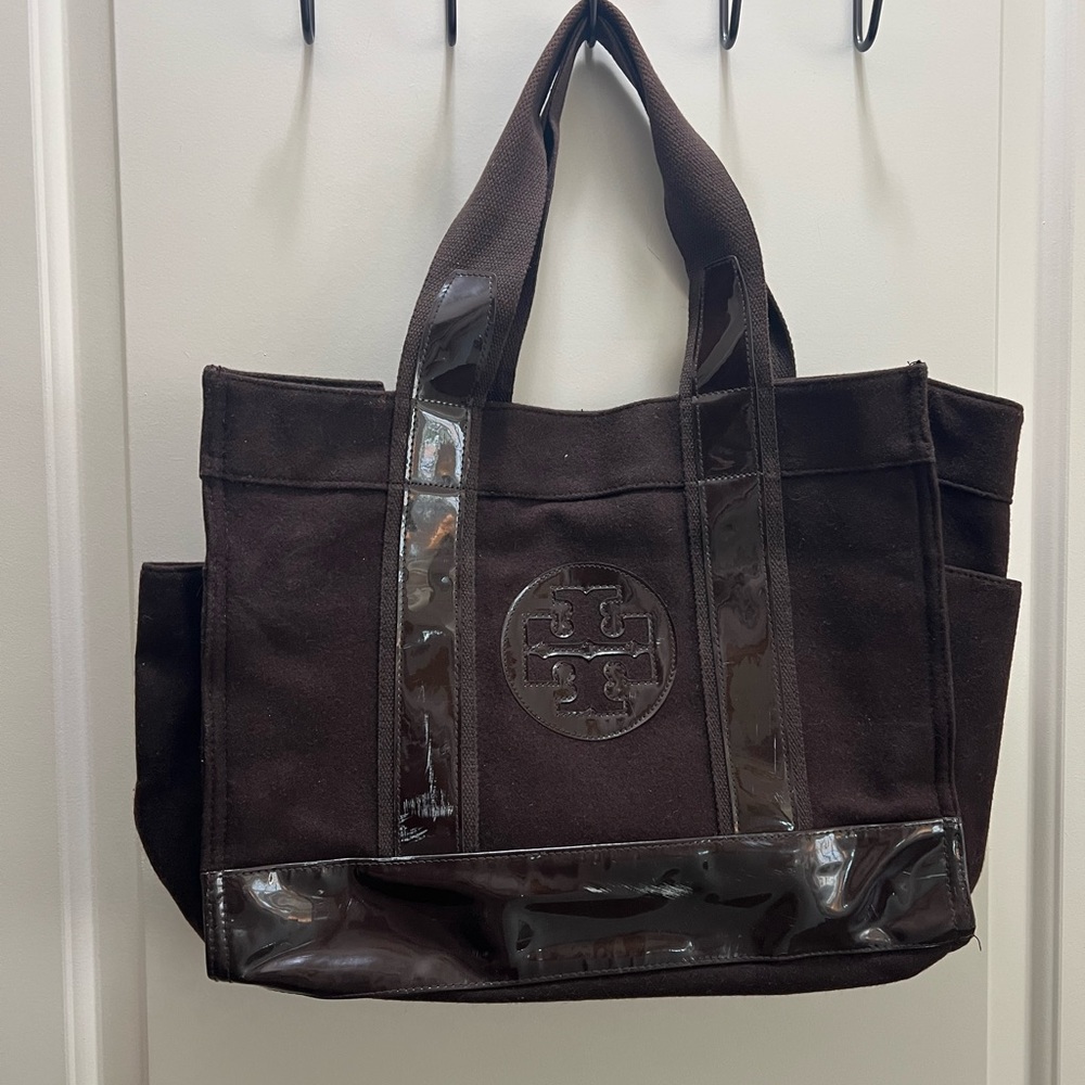 Tory Burch Brown Wool Patent Leather Tote